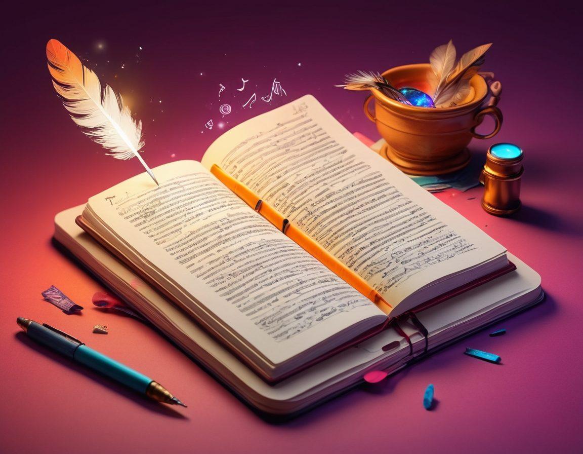 A colorful diary open with vibrant pages filled with handwritten notes and doodles, a quill pen resting beside it, surrounded by a glowing light emanating from a smartphone displaying a video recording of a storyteller. Elements of imagination like speech bubbles and musical notes float around, symbolizing creativity and expression. The background should be a dreamy abstract blend of colors, representing the digital world merging with traditional storytelling. super-realistic. vibrant colors. abstract background.