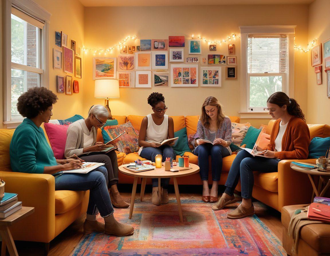 A vibrant, diverse group of people of different ages and backgrounds gathered in a cozy, art-filled room, sharing ideas and creating together. Each person is engaged in a unique creative activity, surrounded by colorful art supplies, journals, and digital devices, highlighting the spirit of community. The atmosphere is warm and inviting, with soft lighting and inspirational quotes adorning the walls. Super-realistic. vibrant colors. warm lighting.